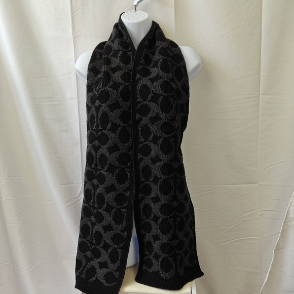 COACH Wool Cashmere Blend Logo All Over Print Black Grey Scarf - Picture 2 of 8